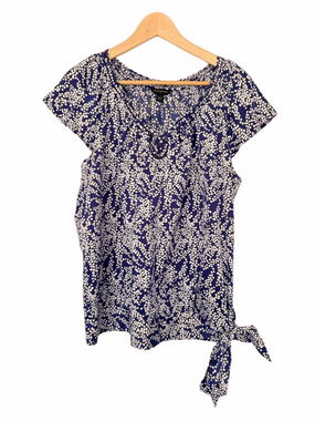 BANANA REPUBLIC ROYAL BLUE/WHITE SPOT PATTERNED SIDE TIE CAP SLEEVE BLOUSE, LRG